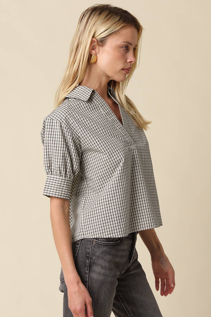 Charis Puff Sleeve Gingham Blouse: Cream Black