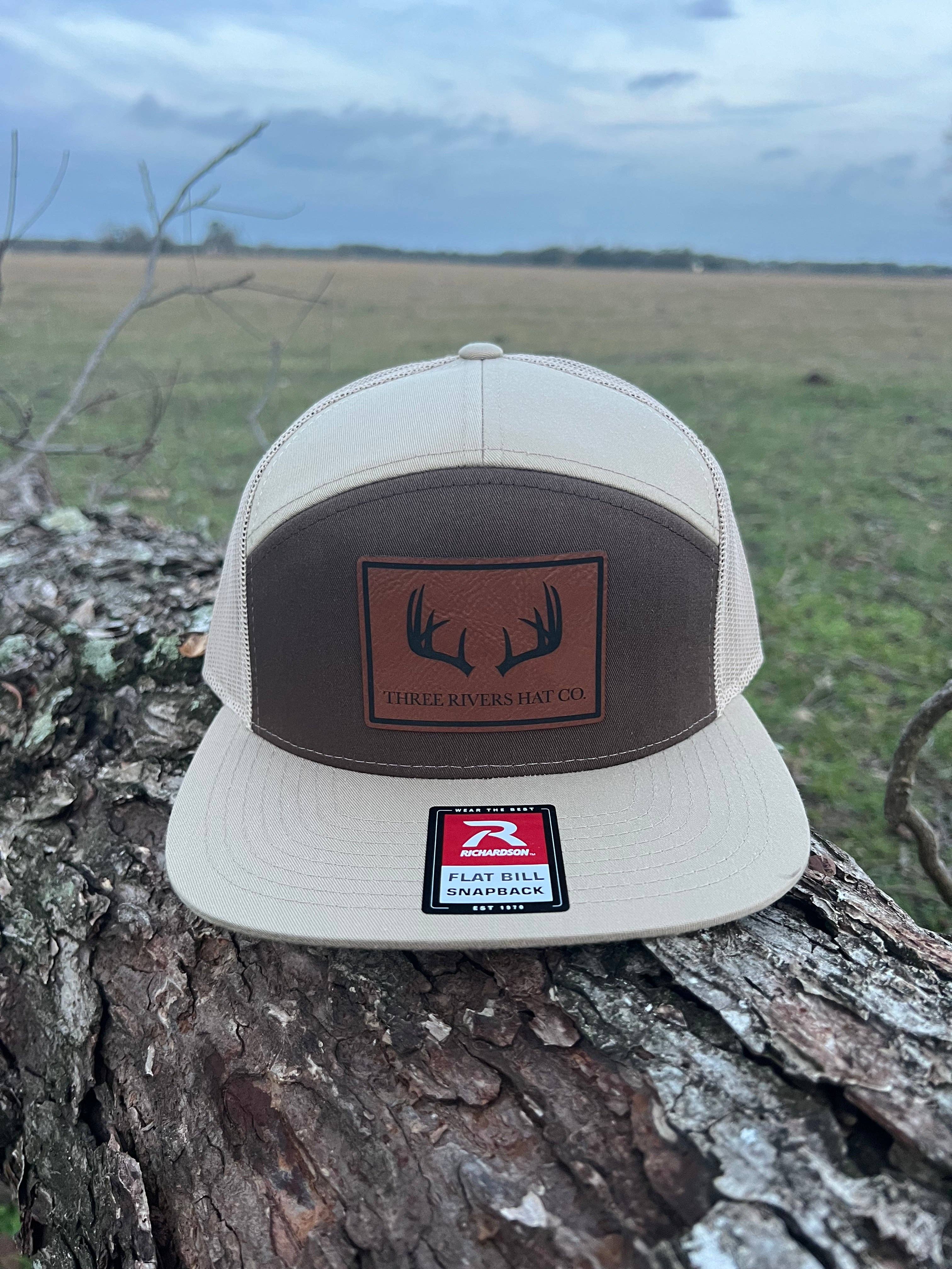 Deer Horns - Flatbill Snapback Hat - Richardson 168 7 panel: Dark Brown/Khaki