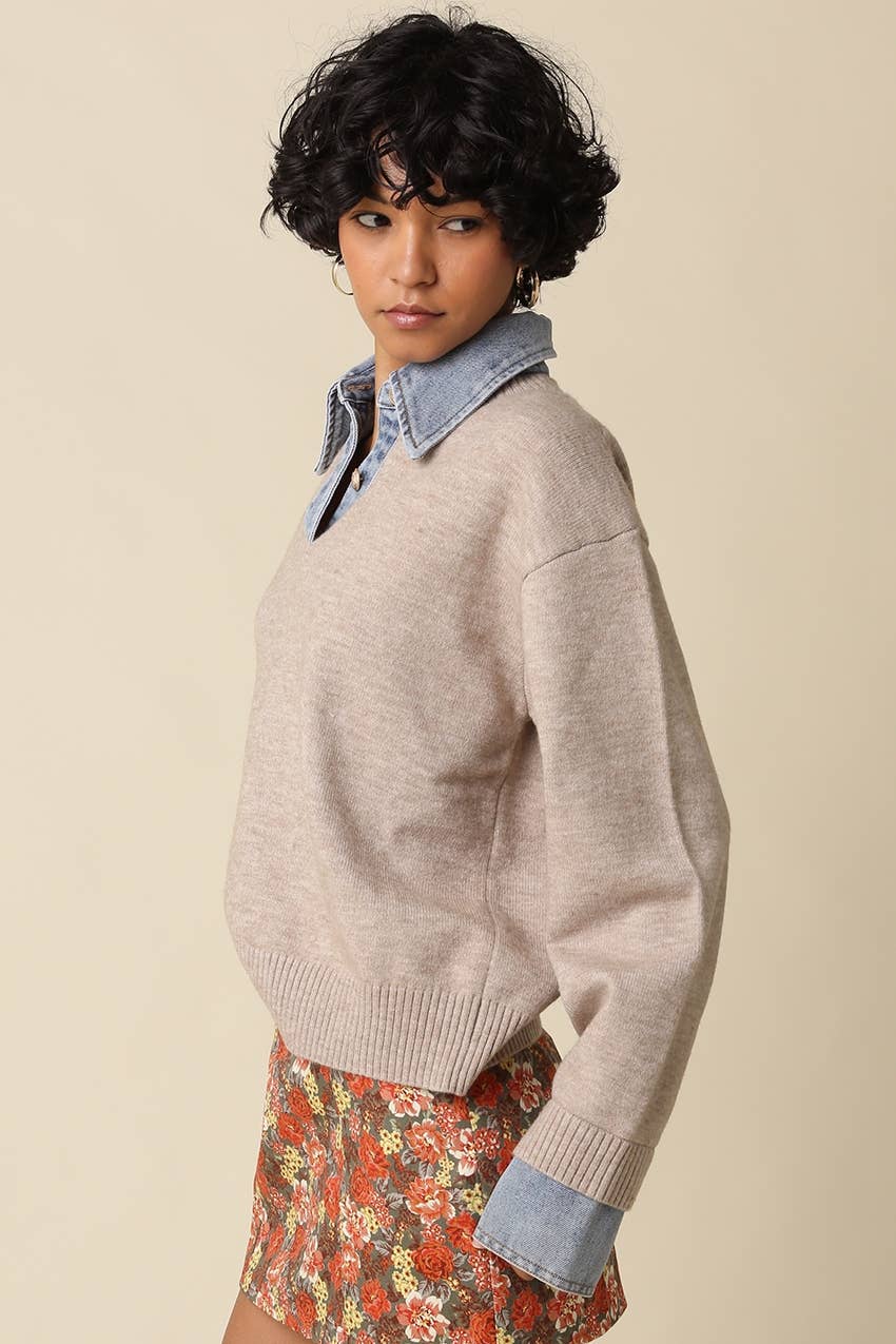 Emely Contrast Knit Sweater: KHAKI LT DENIM / M