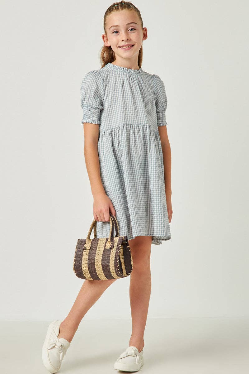 Girls Blue Gingham Smocked Dress