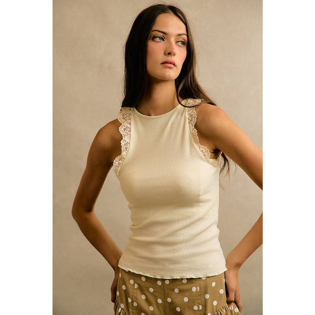 LACE RIBBED SLEEVELESS HALTER TOP: IVORY / S