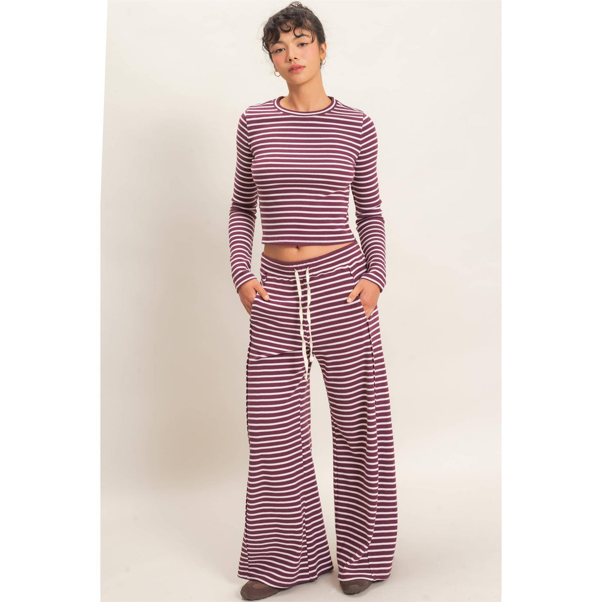 Striped Waffle Long Sleeve Top & Pants Set -- Dark Cherry
