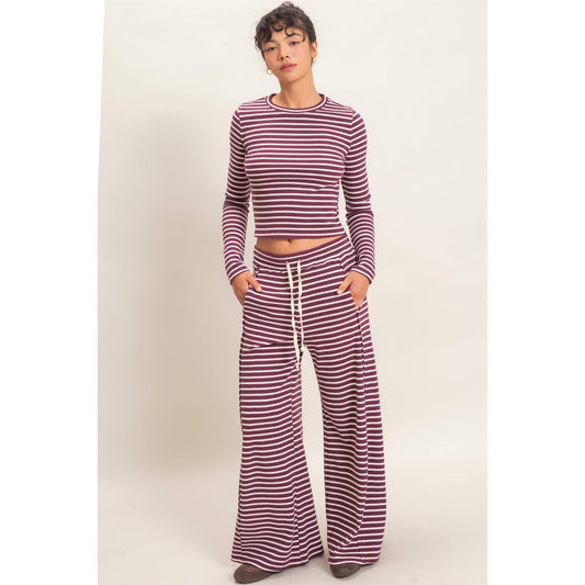 Striped Waffle Long Sleeve Top & Pants Set -- Dark Cherry