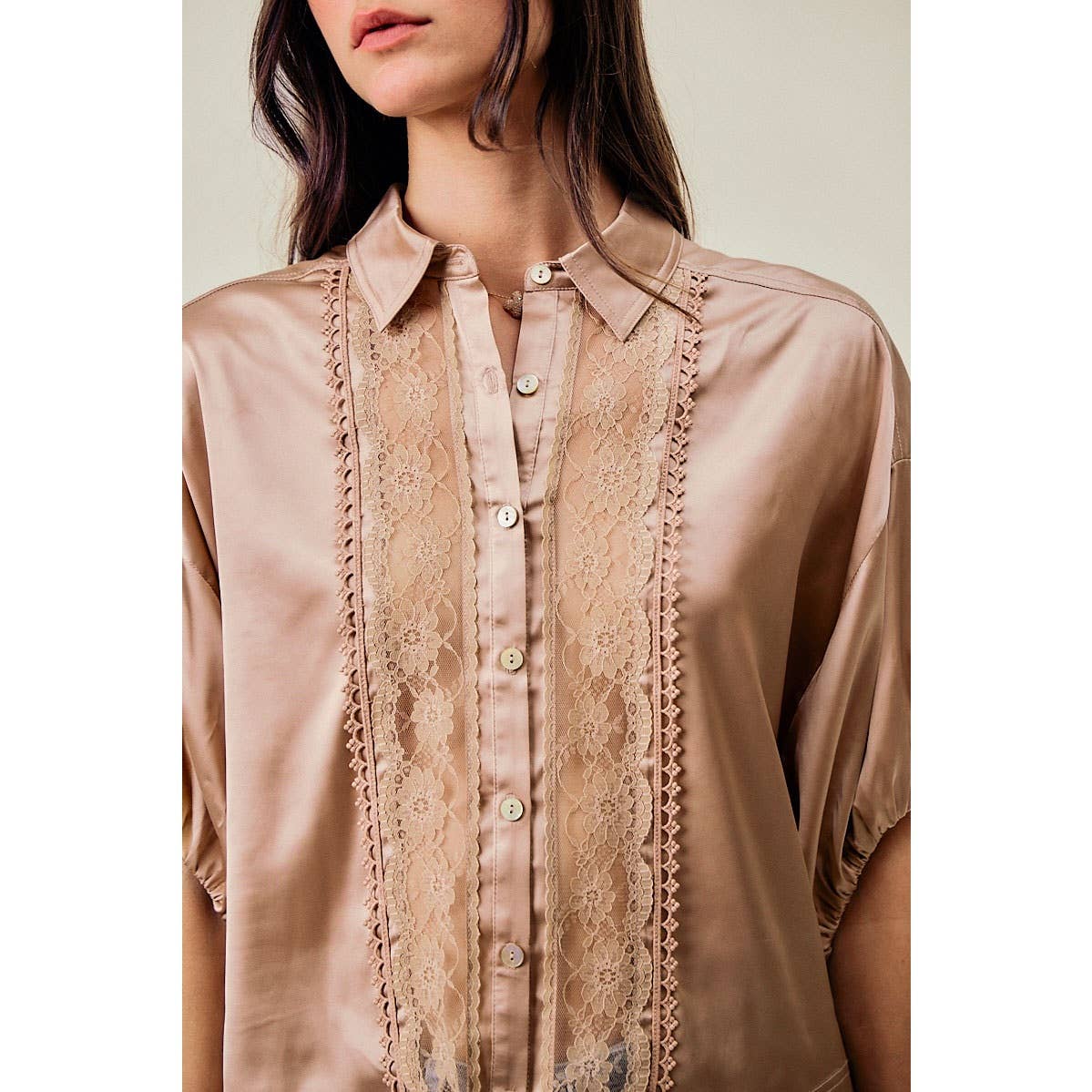 SATIN LACE TRIM BUTTON DOWN SHORT SLEEVES BLOUSE TOP