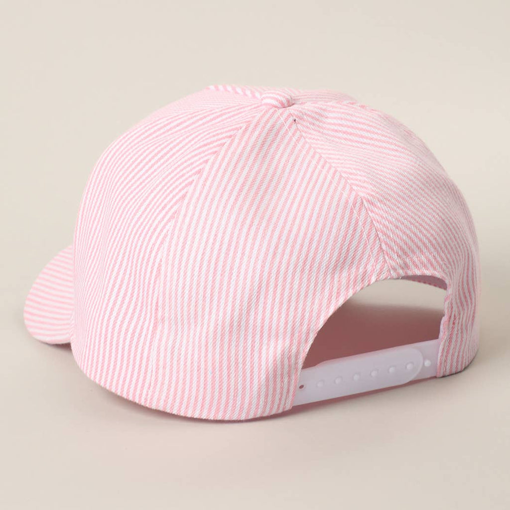 REALLY BUSY DILLY DALLYING Embroidered Seersucker Stripe Hat: PINK / ONE SIZE