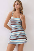 Stripe Print Athleisure Dress with Built-In Shorts: BROWN / S