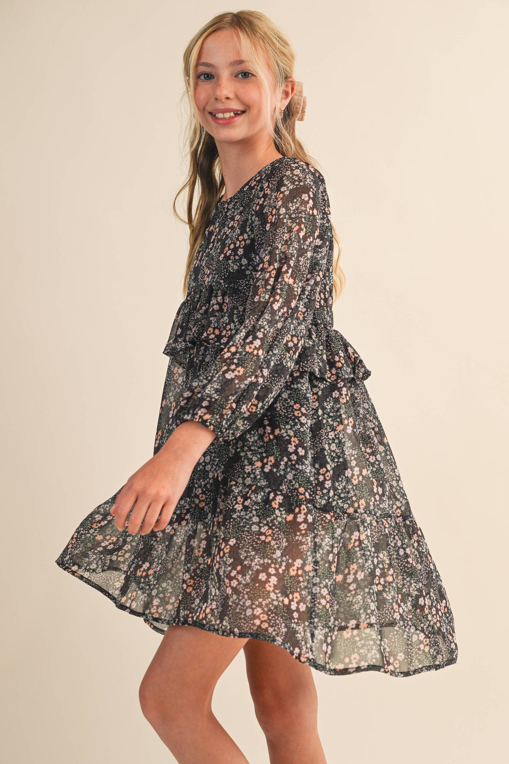 TWEEN KIDS GIRLS LAYERED HI LOW MIDI DRESS (7-14): BLACK MULTI / 13/14