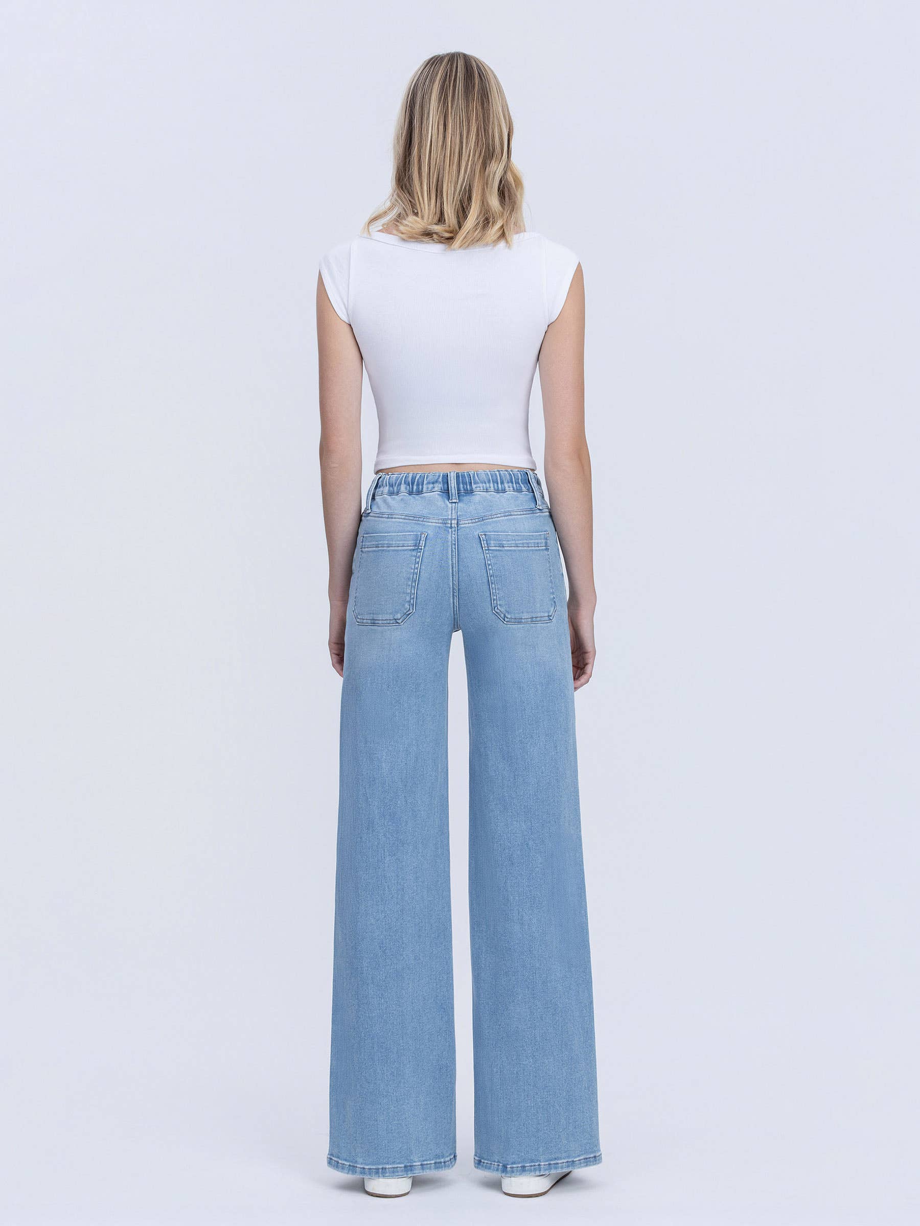 HIGH RISE ELASTIC WB WITH DRAWSTRING WIDE LEG JEANS
