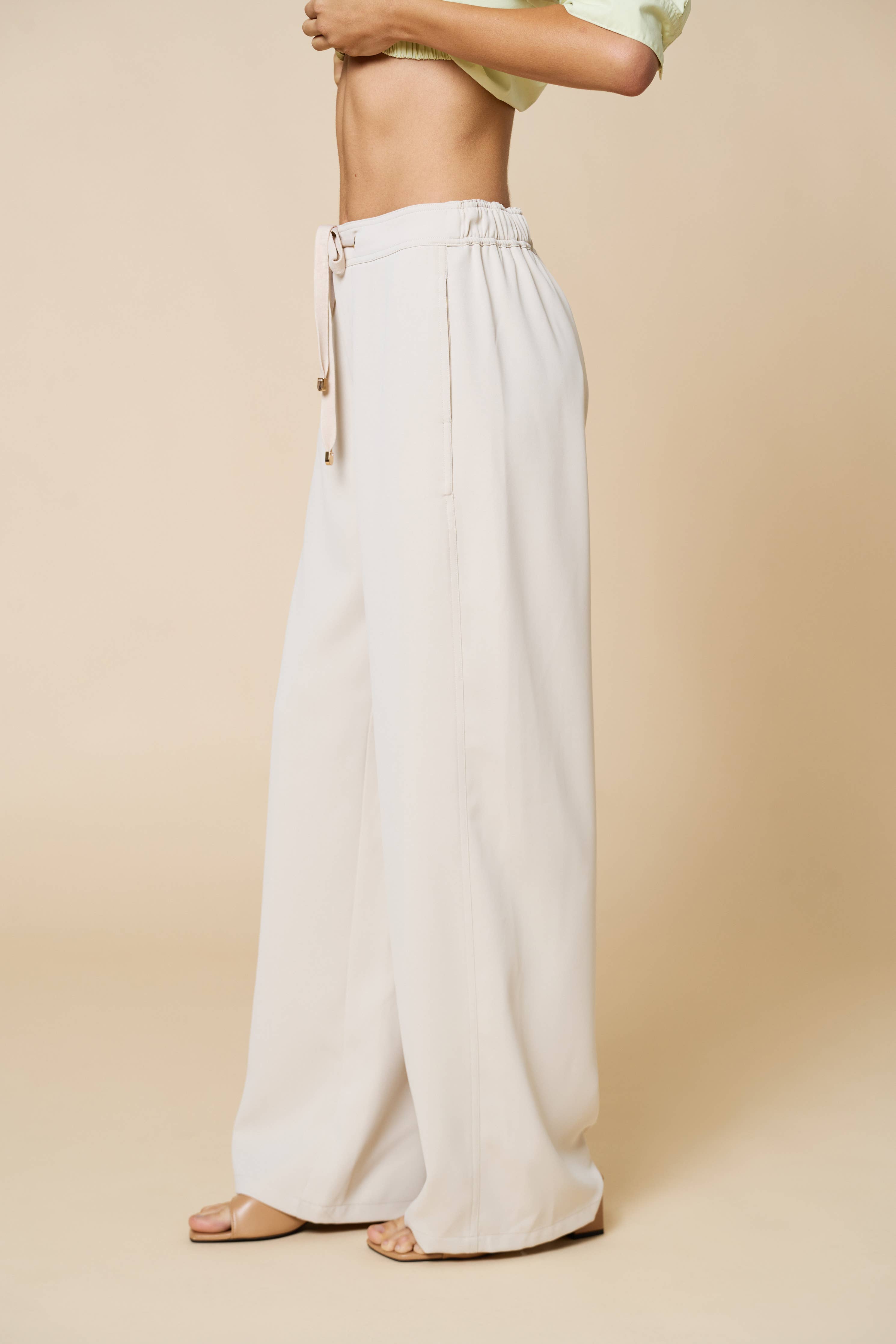 Cream Wide Leg Draw String Pants With Pockets