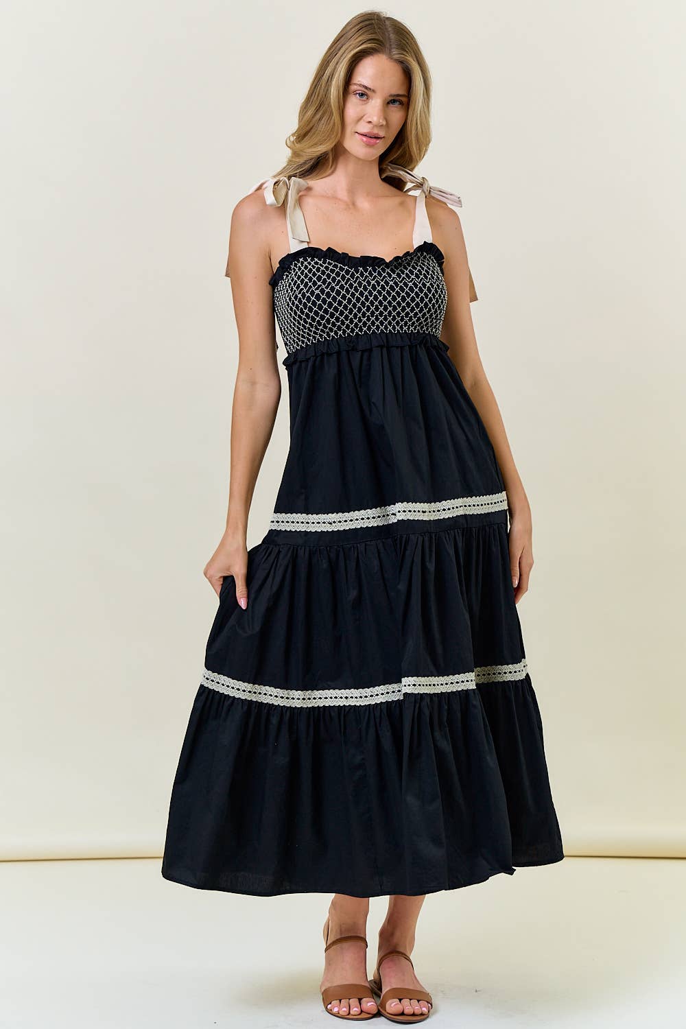 SMOCKED SLEEVELESS TIE STRAP TIERED MAXI DRESS