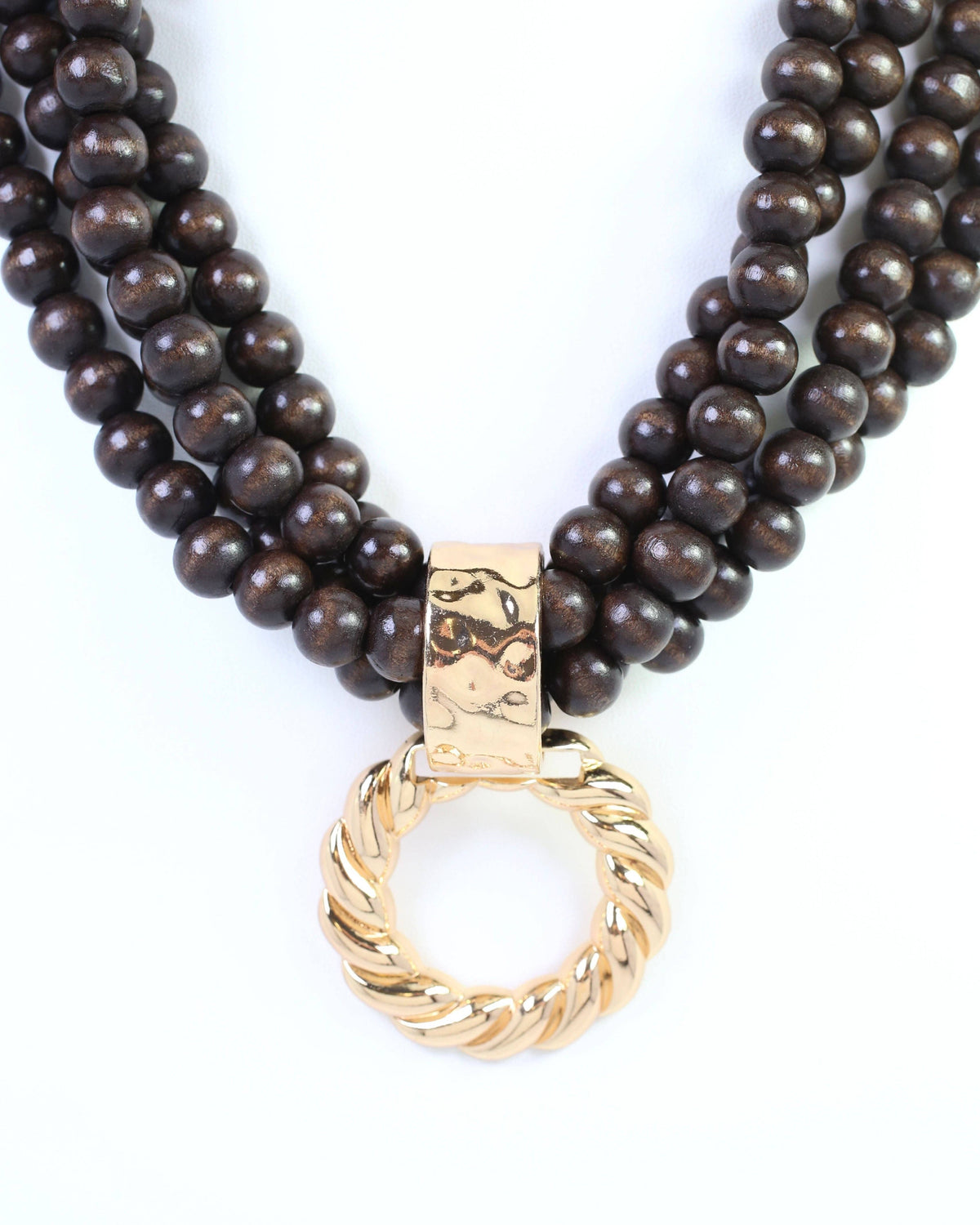 Margaux Wooden Bead Layered Necklace with Pendant Dark Brown: Default