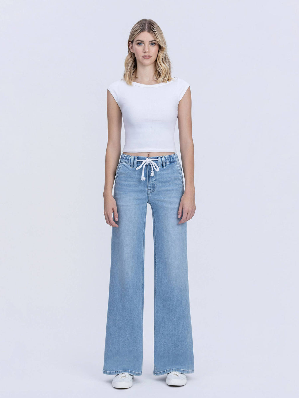HIGH RISE ELASTIC WB WITH DRAWSTRING WIDE LEG JEANS