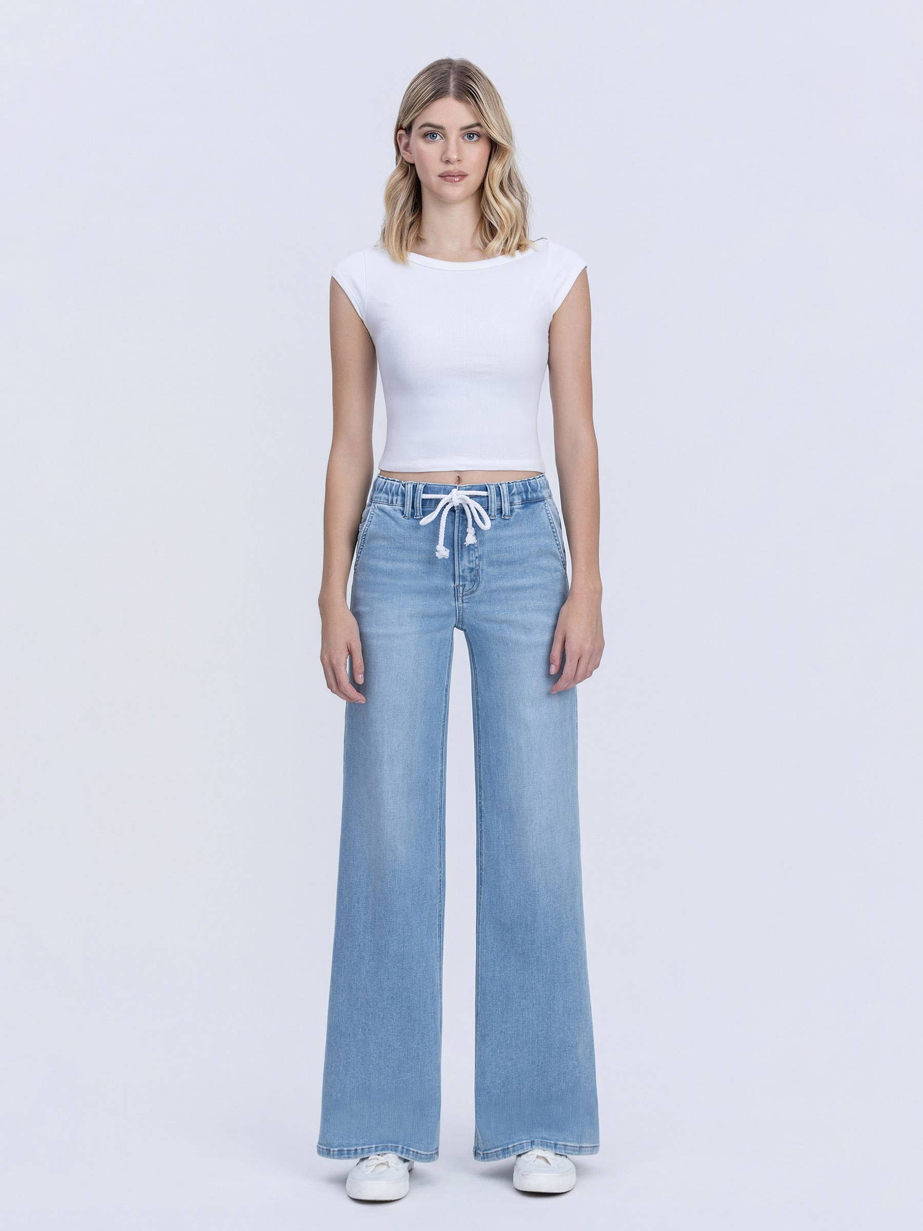 HIGH RISE ELASTIC WB WITH DRAWSTRING WIDE LEG JEANS