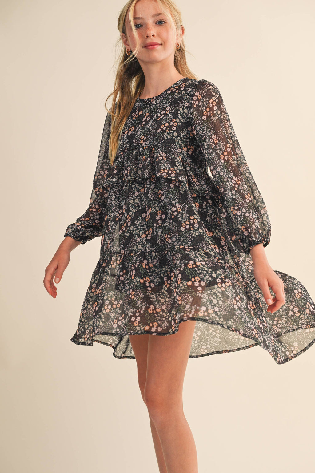 TWEEN KIDS GIRLS LAYERED HI LOW MIDI DRESS (7-14): BLACK MULTI / 7/8
