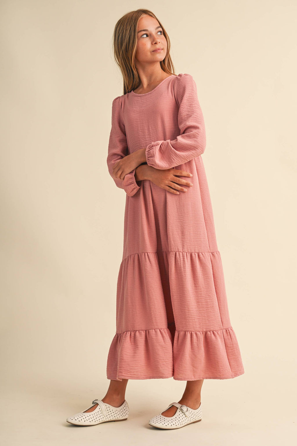 PRE-ORDER- TWEEN KIDS GIRLS MAXI TIERED DRESS (7-14): Mauve / 13/14