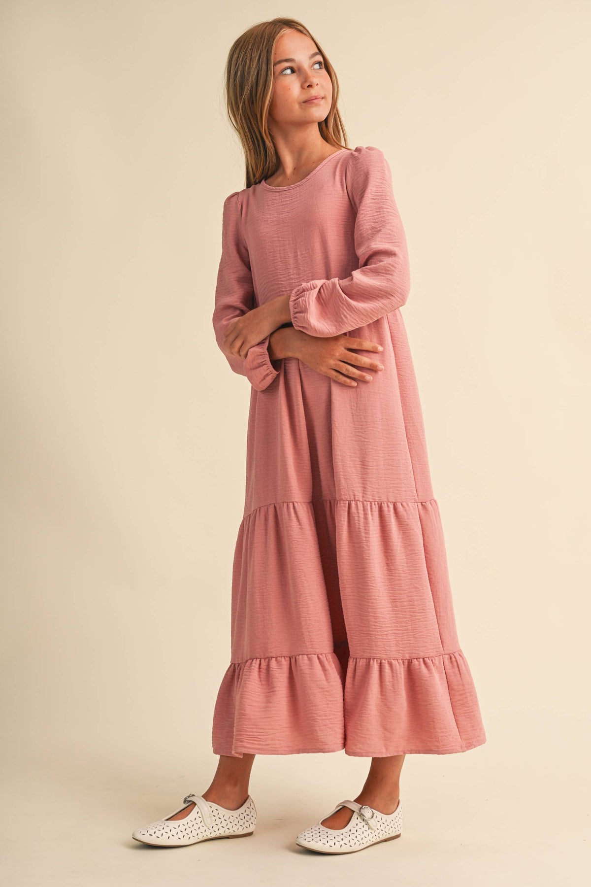 PRE-ORDER- TWEEN KIDS GIRLS MAXI TIERED DRESS (7-14): Mauve / 9/10