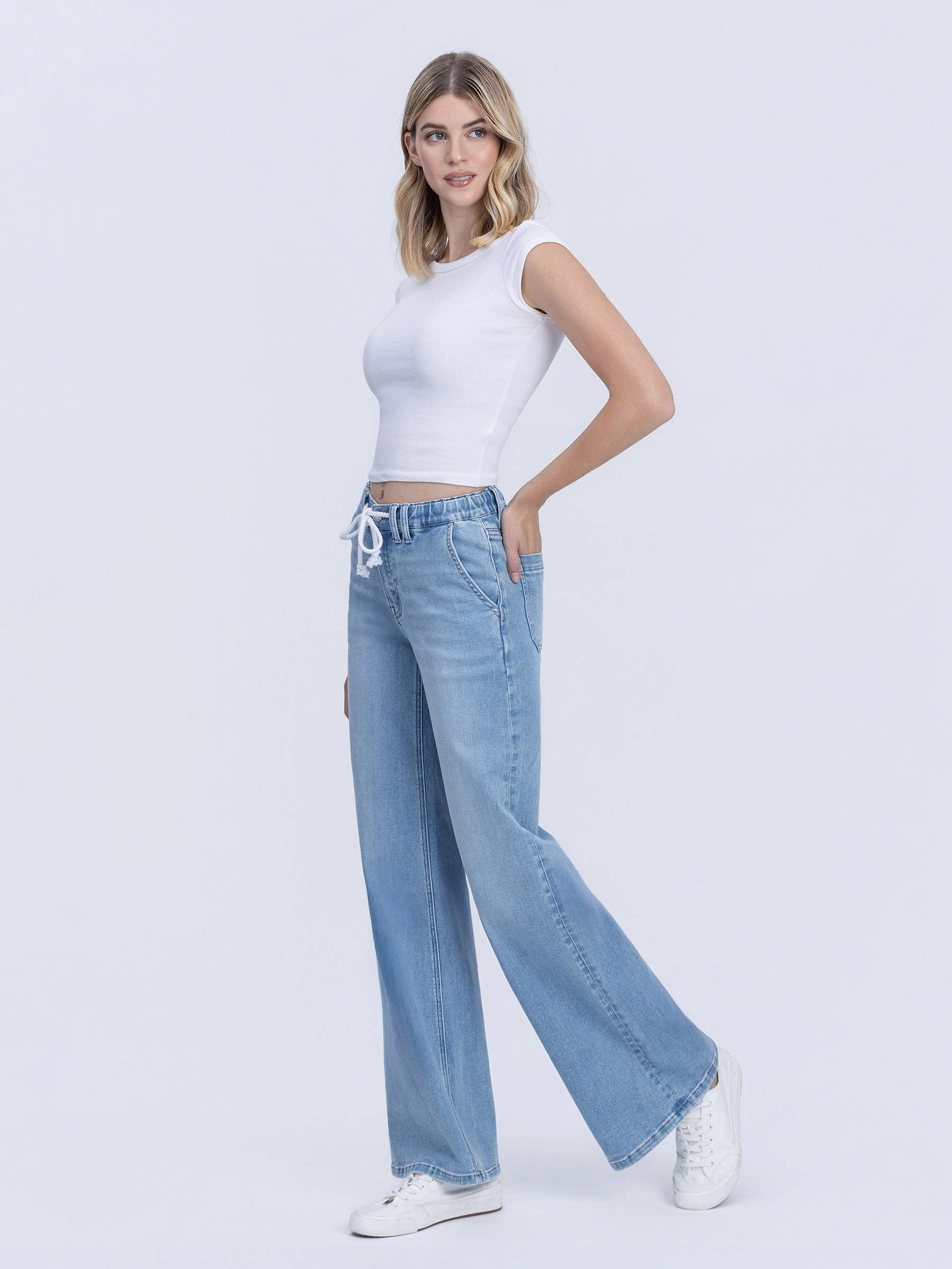 HIGH RISE ELASTIC WB WITH DRAWSTRING WIDE LEG JEANS