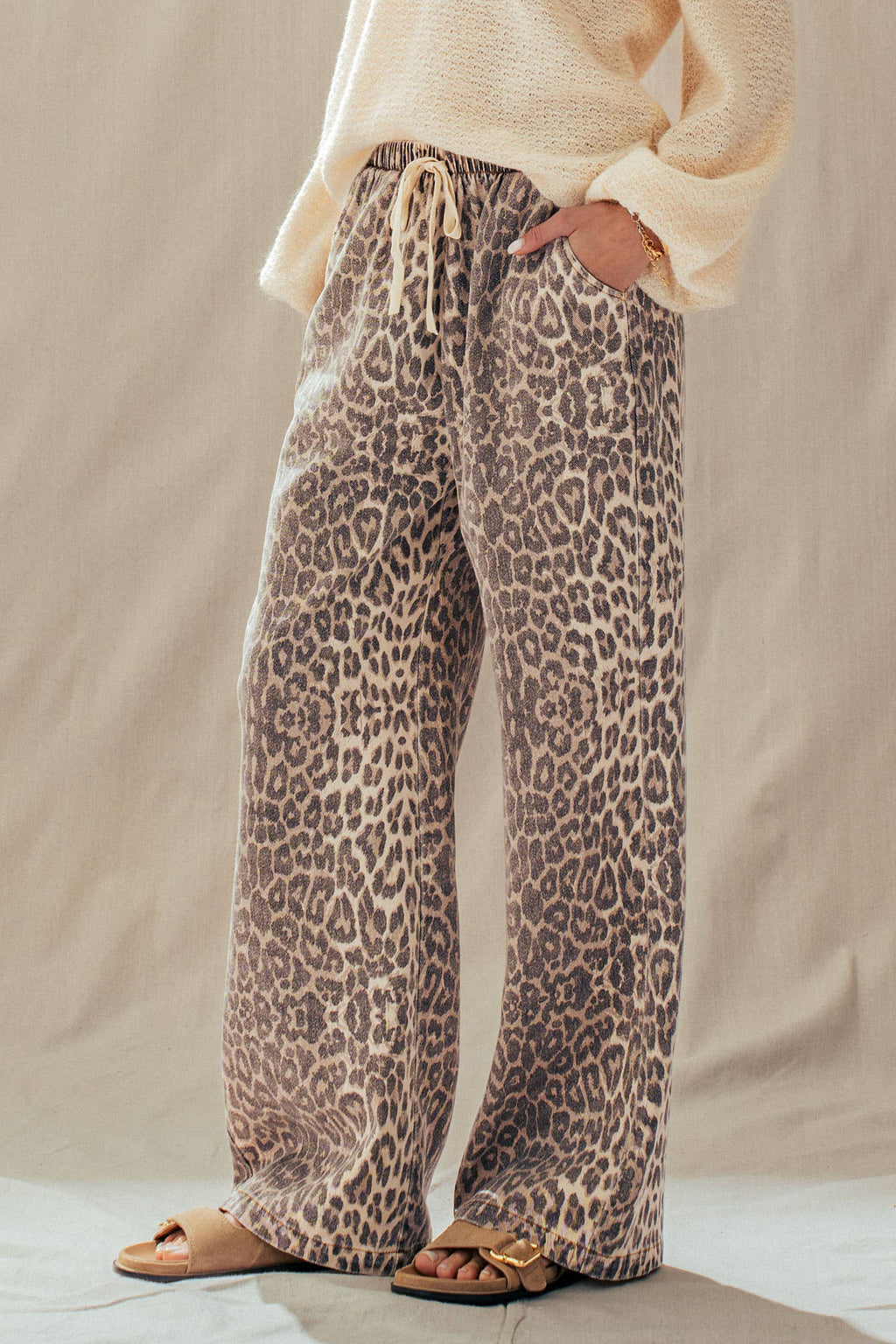 Leopard Print Wide Leg Cotton Pants Drawstring: