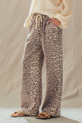 Leopard Print Wide Leg Cotton Pants Drawstring: