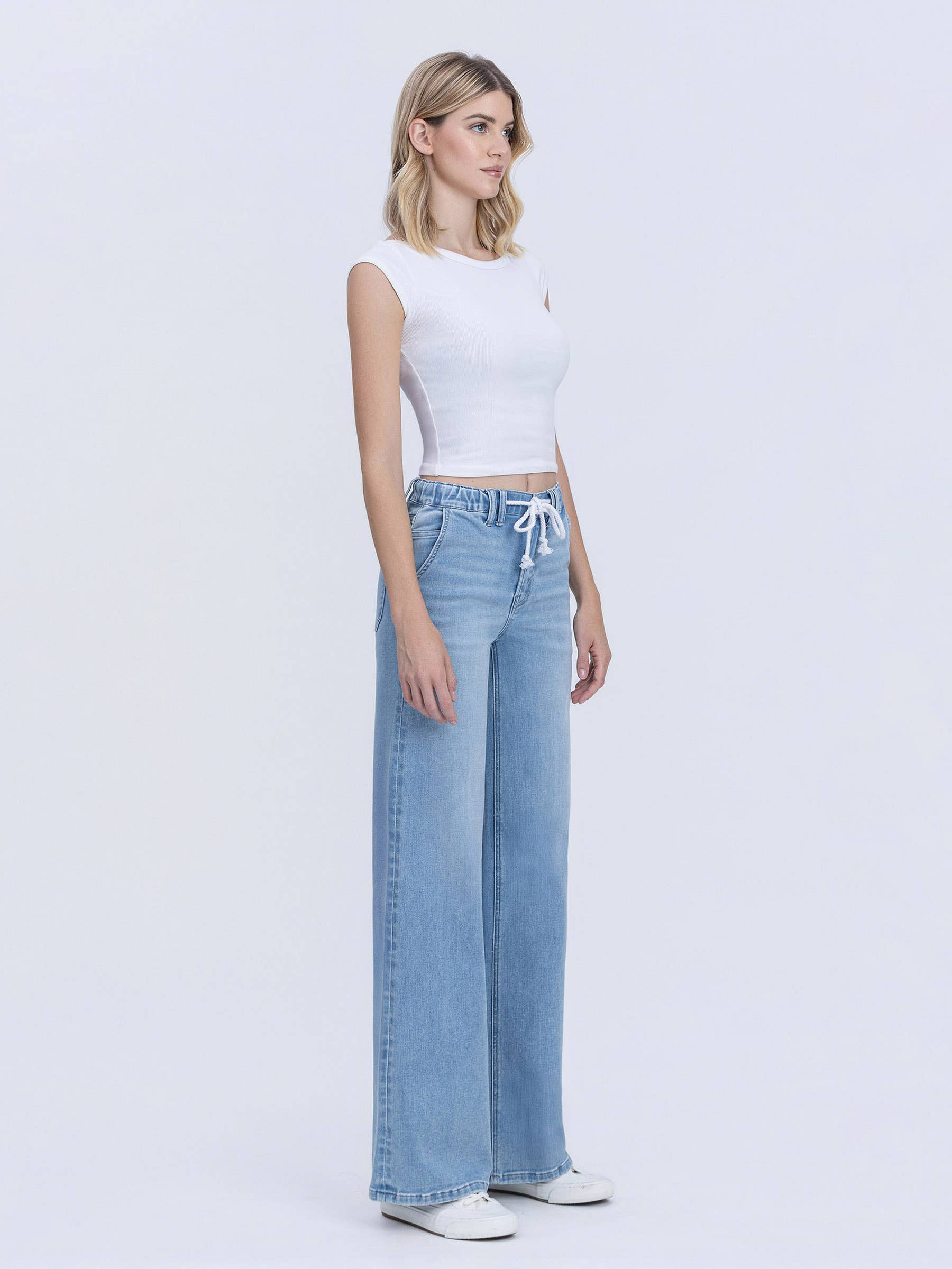 HIGH RISE ELASTIC WB WITH DRAWSTRING WIDE LEG JEANS