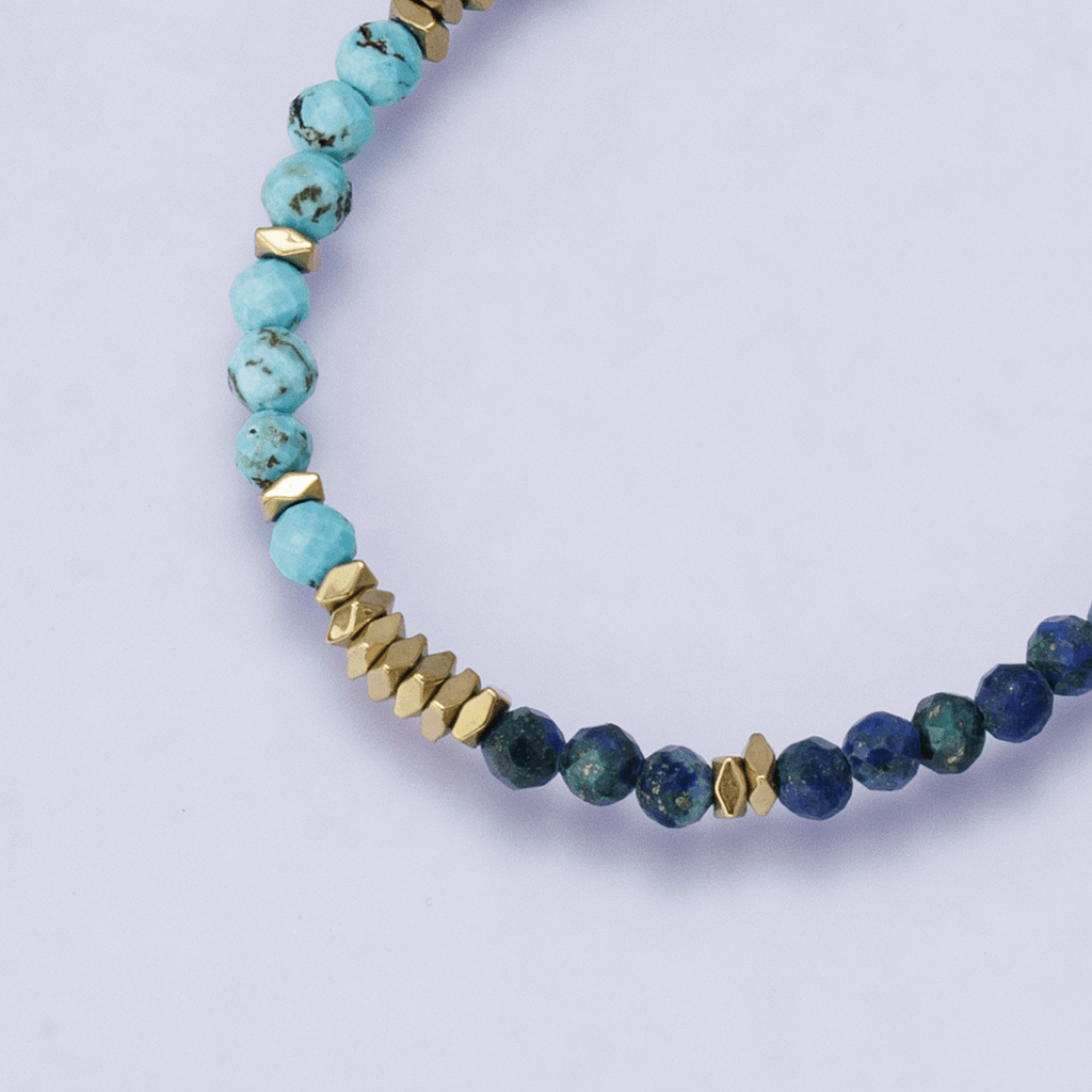 24K Gold Filled Blue Turquoise Lapis Lazuli Multifaceted Gemstone Figaro Chain Half 16 Inch Necklace w. Extender | WA-04203