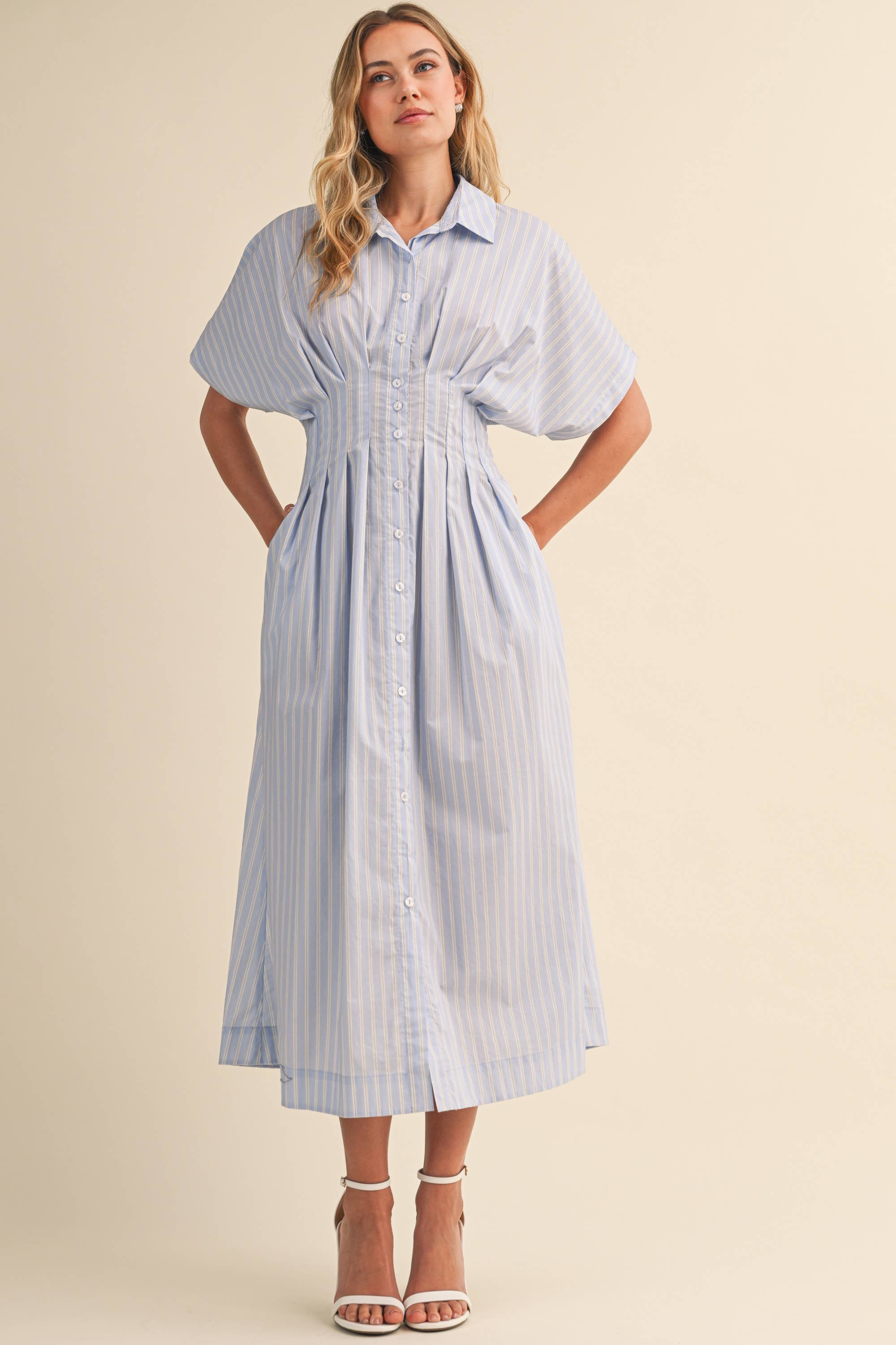 STRIPE PRINT DOLMAN SLEEVE PLEATS WAIST BUTTON DOWN