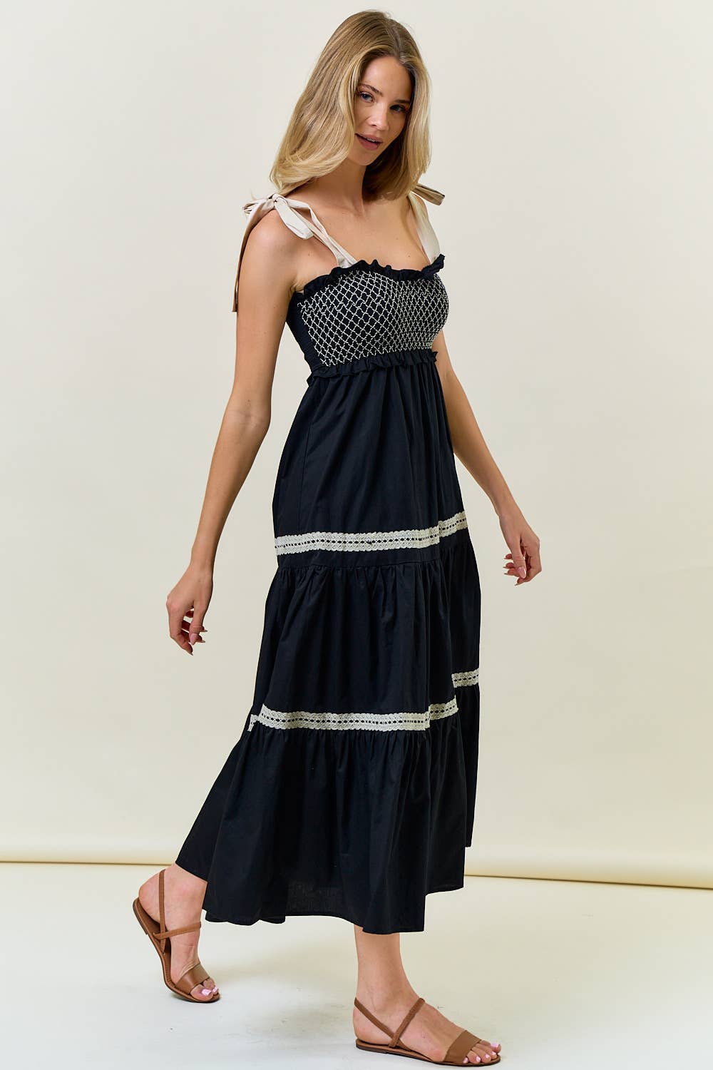 SMOCKED SLEEVELESS TIE STRAP TIERED MAXI DRESS