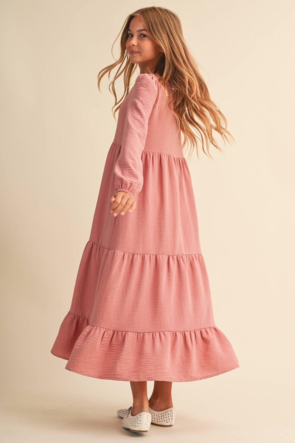 PRE-ORDER- TWEEN KIDS GIRLS MAXI TIERED DRESS (7-14): Mauve / 7/8