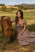 PLAID PUFF SLEEVE RUFFLED SMOCKED WAIST MIDI DRESS (PRE-ORDER): BURGUNDY