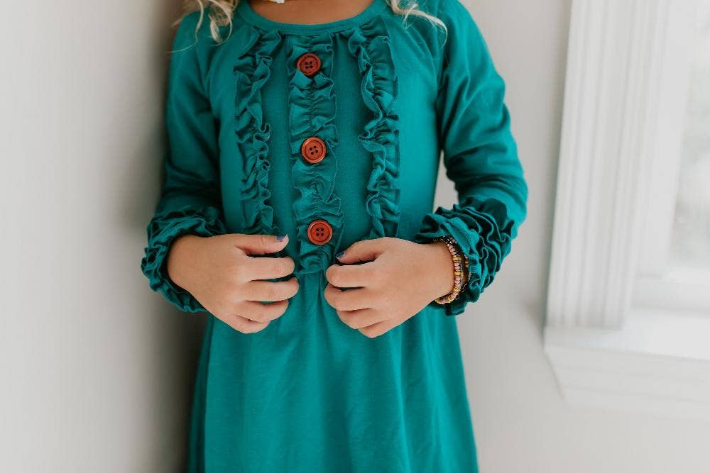 GIRLS LONG SLEEVE RUFFLE BUTTON DRESS