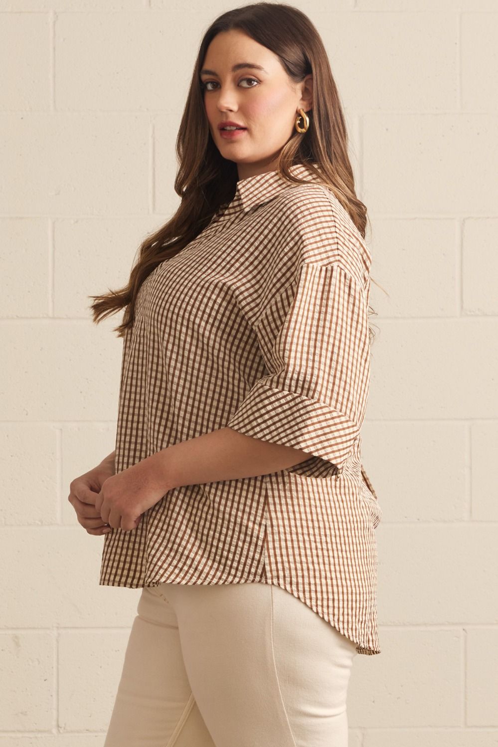 Plus Size Gingham 3/4 Sleeve Top