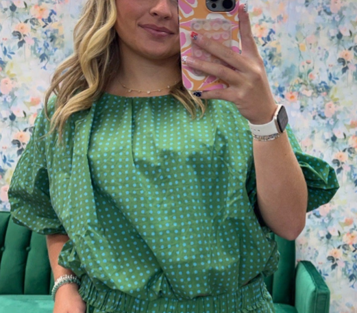 Green Polka Dot Bubble Hem Blouse